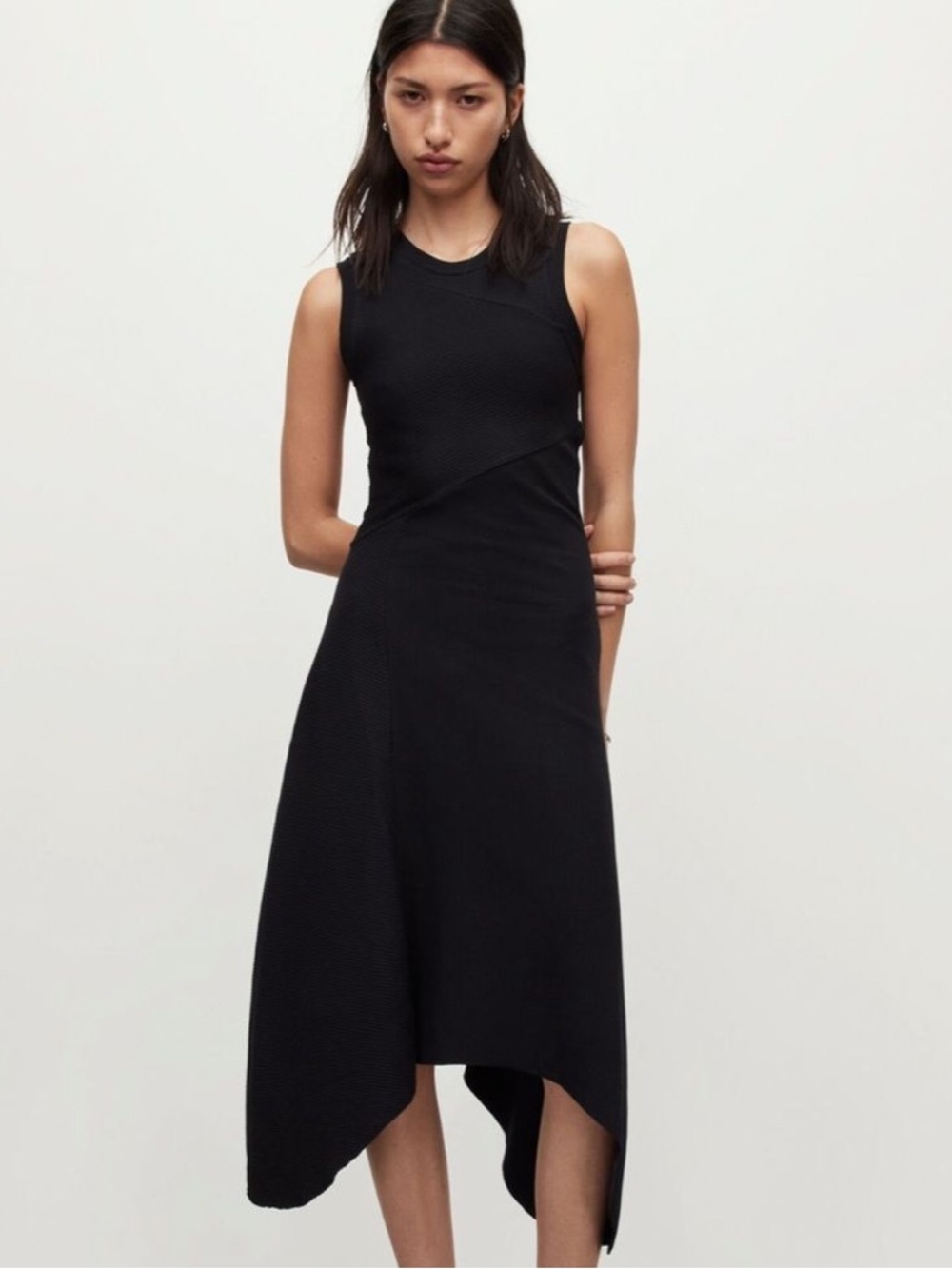 ALLSAINTS gia asymmetrical midi dress black whimsigoth minimalist size 8 US